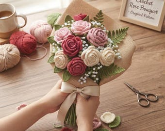 Haakpatroon voor een rozenboeket, stapsgewijze PDF-handleiding, handgemaakt bloemstuk, doe-het-zelf cadeau met blijvende bloemen, direct te downloaden