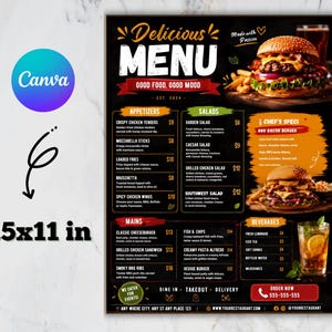 May include: A black restaurant menu template measuring 8.5x11 inches, featuring sections for appetizers, salads, chef's specials, mains, and beverages. The design includes images of burgers and a drink, with text headers and pricing listed throughout.