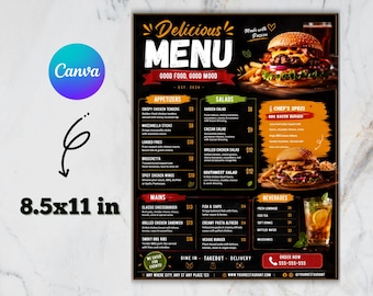 Restaurantmenusjabloon | Bewerkbaar cafémenu | Moderne afhaalflyer | Cocktailmenu voor de bar | Zelf te maken Canva-sjabloon