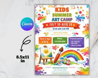 Folleto editable para campamento de arte de verano, para niños, pequeños artistas, maestros, invitación de marketing, plantilla CANVA imprimible para escuela primaria, secundaria y preparatoria.