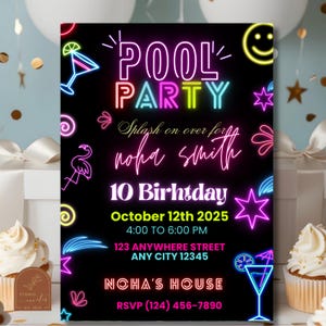 Neon Pool Party Birthday Invitation Template  Boys Blue Glow Swim Invite, Editable Canva E-vite, Printable Digital fun glow girls birthday