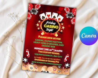 Puede incluir: Un folleto rojo para un evento de Noche de Casino Navideño. El diseño incluye naipes, fichas de póquer y estrellas. El texto proporciona detalles del evento, incluyendo la fecha, hora y lugar. El logo de Canva es visible.