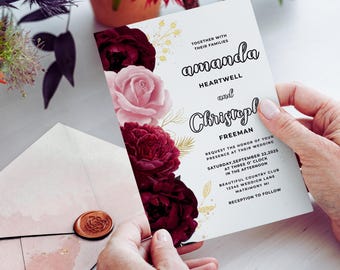 Burgundy Peony Wedding Invitation | Gold Floral Canva Template (5x7 Digital Download)