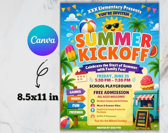 Plantilla de folleto para el inicio del verano / Póster editable para eventos escolares / Folleto para la fiesta de verano de la AMPA / Evento de fin de curso de la AMPA / Plantilla de Canva