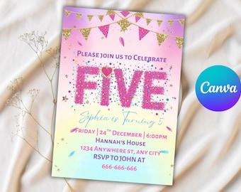 Invitación editable con lentejuelas arcoíris para el quinto cumpleaños: Plantilla imprimible de Canva (archivo PDF)