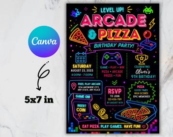 Uitnodiging voor een jongensverjaardagsfeestje met arcade en pizza: printbare neon glow-in-the-dark uitnodiging, digitaal te downloaden en te bewerken.