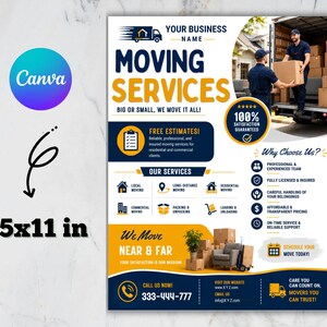 Pode incluir: Um folheto de serviços de mudanças de 21,59x27,94 cm, com texto azul e amarelo, um gráfico de um camião de mudanças e imagens de trabalhadores a carregar caixas. O folheto inclui secções de serviços, contactos e detalhes da empresa.