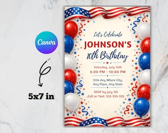 Sjabloon verjaardagsuitnodiging 4 juli, zomer patriottische partij uitnodigen, Stars and Stripes uitnodigen, 4 juli uitnodiging, bewerkbare Canva