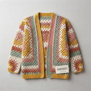 May include: A long-sleeve crochet cardigan featuring a multi-coloured granny square pattern in shades of mustard yellow, sage green, dusty pink, and cream. The open-front garment has a ribbed mustard yellow trim and a white tag reading HANDMADE.