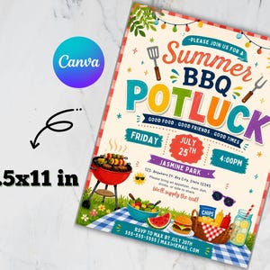 Summer BBQ Potluck Flyer Editable Template, Community BBQ Cookout Invite, Canva