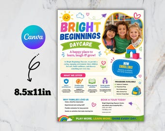 Bewerkbare advertentie voor kinderopvang, flyer voor kinderopvang, marketing voor peuterspeelzalen, digitaal downloadbaar ontwerp voor kinderopvang voor baby's en peuters, Canva-sjabloon