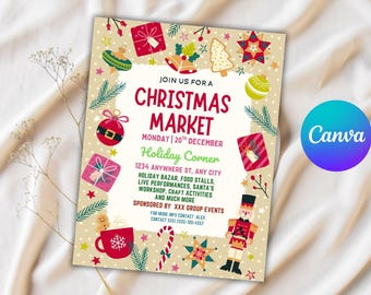 Flyer voor kerstmarkt, evenement tijdens de feestdagen, bewerkbare Canva-sjabloon (21,5 x 28 cm)