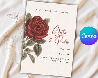 Wedding Invitation Red Rose Template, Floral Black Border (Canva Editable)