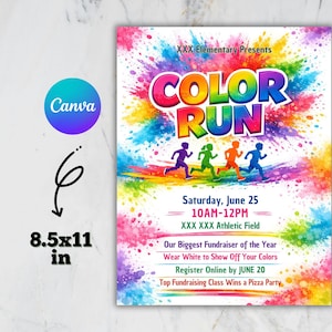 Plantilla de volante de carrera de colores editable en Canva / Póster de carrera divertida para recaudar fondos escolares / Evento de la PTA/PTO / Descarga instantánea