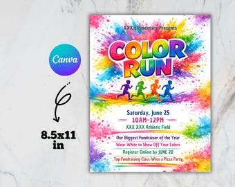 Flyersjabloon Color Run bewerkbaar in canva | Poster funrun voor schoolinzamelingsactie | PTA PTO-evenement | Direct downloaden