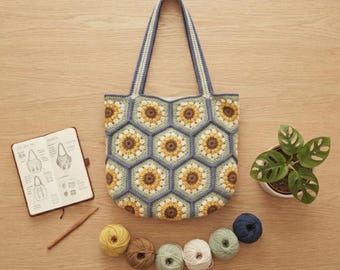 Handgemaakte gehaakte zonnebloemtas in oma-stijl, esthetische bloemenmarkttas, boho casual schoudertas, milieuvriendelijke tas voor dames