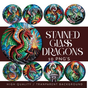 Dragon Stained Glass Pattern DIY, Glass Decor Unique home Dragon Lover Gift PNG Stained Glass Sun catcher 10 Stained Glass Dragon Art Bundle
