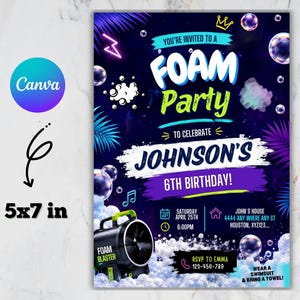 Inbjudan till födelsedagsfest med skum, bubbelfest, barninbjudan till sommarstänk med skumtema, digital nedladdning, redigerbar Canvas-mall