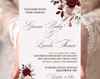 Burgundy Roses Wedding Invitation Template – Rustic Floral, Editable Canva (Digital Download)