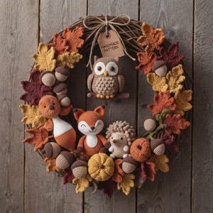 May include: A circular grapevine wreath decorated with crocheted autumn leaves in shades of orange, yellow, and brown. It features crocheted figures of an owl, a fox, and a hedgehog, along with acorns and a pumpkin. A tag reads HANDMADE PATTERN.