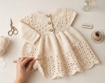 gehaakte babyjurk, babyjurkje, doopjurk, outfit voor pasgeborene, handgemaakte kleding, vintage babykleding, kraamcadeau, crèmekleurige jurk