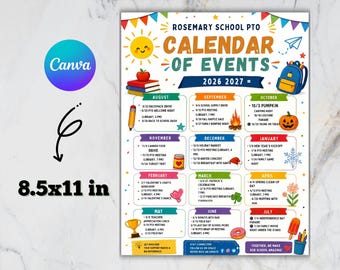 Bewerkbare flyer voor de schoolkalender, maandkalender van de oudervereniging (PTA), kalender voor de ouderraad (PTO), schoolplanner, nieuwsbrief van de ouderraad (PTO/PTA) met maandelijkse evenementendata.