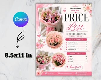 Bewerkbare sjabloon voor een prijslijst van een bloemist, kunstbloemen, flyer voor een bloemenboeket, bloemenprijslijst, Instagram-promotiepost, zelfgemaakte Canva-tekst.
