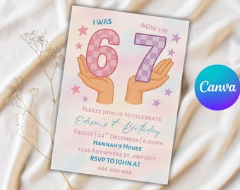 Girls 6-7 Birthday Invitation, Editable Meme Party Invite (Digital)