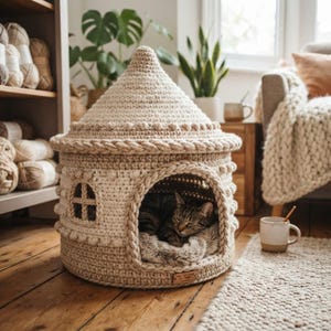 Puede incluir: Una cama para gatos de ganchillo beige con forma de casita con techo puntiagudo, detalles texturizados de puntos y un borde trenzado. La estructura cuenta con una entrada arqueada donde un gato atigrado descansa sobre un cojín suave.