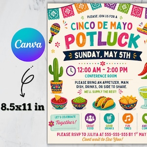 Editable Cinco De Mayo Potluck Flyer Template, Taco Fiesta Invite, Canva