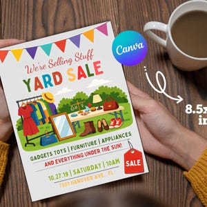 Peut inclure: Flyer pour une vente de garage le 27 octobre 2019, avec le texte "We're Selling Stuff YARD SALE". Le flyer mesure 21,6 x 27,9 cm et présente des illustrations d'articles à vendre, tels que des vêtements et des meubles.