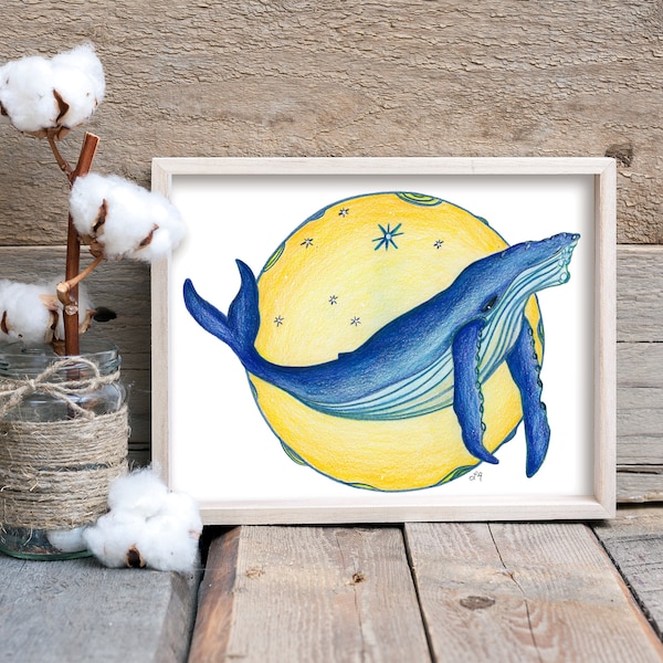 Whale In Sirius, 8x10 Print, Wall Hanging, Home Decor, Whale Art, Sirian star, Whale in Space, Full Moon Art, Colored Pencil Art