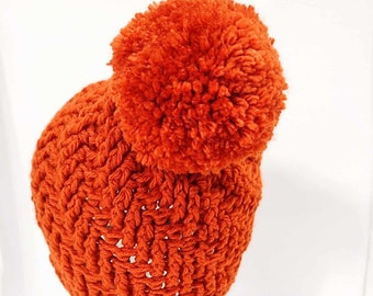 Handmade Crochet Chunky Beanie with Pom Pom in Burnt Orange