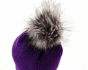 Handmade Crochet Knit Stitch Beanie in Purple Grape with Removable Furry Pom Pouf and Tag