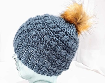 Handmade Crochet Beanie with Removable Furry Pom Pouf in Slate Blue