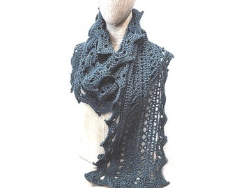 Handmade Crochet Shawl Scarf with Picot Edging in Slate Blue