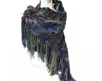 Handmade Crochet Pineapple Shawl with Fringe in Forest Floor Blue, Maroon, Green