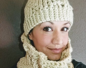 Handmade Crochet Chunky Beanie w/Removable Furry Pouf and Neck Warmer Cowl Set in Beige