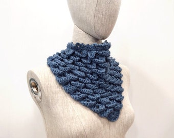 Handmade Crochet Crocodile Scale Neck Warmer Scarf in Denim Blue with Ebony Teak Toggle Button