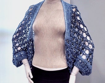 Handmade Crochet Cocoon Bolero Shrug Wrap in Harmony Blue Size S/M