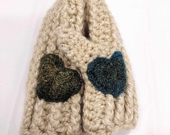 Handmade Crochet Mittens with Blue and Green Hearts in Beige