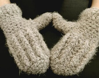 Greige Handmade Crochet PLUSH Mittens size XL