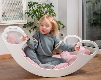 Montessori Wooden Rocker Swing: Climbing Arch, Rocking Bed with Cushion