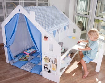 Large White Wooden Play House for Kids Montessori Furniture Indoor