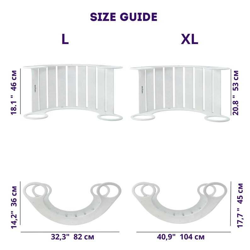 Op de afbeelding: Maattabel voor een wit houten schommelpaard met twee maten: L en XL. De maat L is 82 cm lang en 46 cm hoog. De maat XL is 104 cm lang en 53 cm hoog.