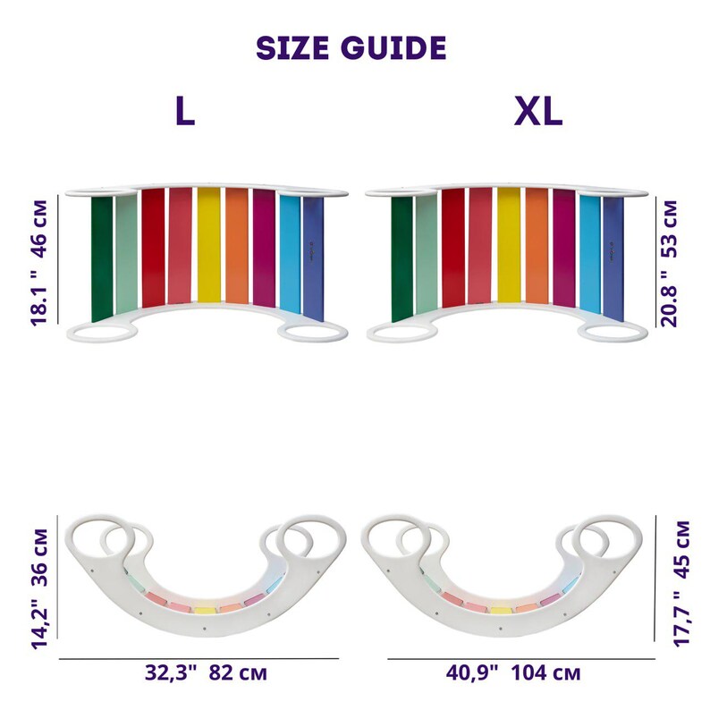 Op de afbeelding: Maattabel voor een regenboogkleurig houten schommel speelgoed. Het speelgoed is verkrijgbaar in twee maten: L (46 cm hoog, 82 cm lang) en XL (53 cm hoog, 104 cm lang).