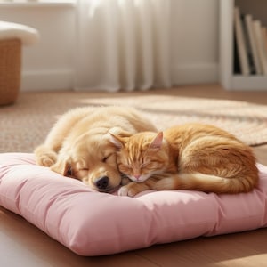 May include: A sleeping golden retriever puppy and a ginger cat are nestled together on a pink rectangular cushion. The pets are curled up, eyes closed, in a sunlit room, suggesting comfort and relaxation.