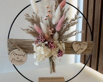 Trockenblumen Kranz Hochzeit, Hochzeitsgeschenk, Ja, personalisiert, Kranz mit Name, Blumenkranz für Hochzeit, Trockenblumenring