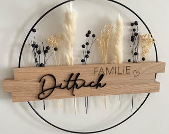 Türkranz Personalisiert Acryl 3D Trockenblumen Willkommen Willkommensschild Schild Kranz Holz Metall 30cm Gravur Ring Türschild Geschenk