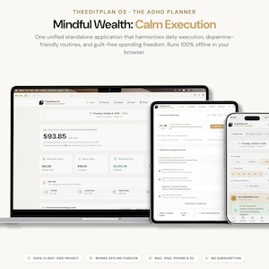 ADHD Digital Planner & Finance Dashboard, Interactive Web App for iPad Mac PC, Dopamine Menu, Safe to Spend Budget, No App Needed, Offline